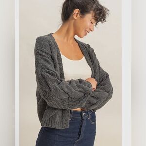 Hyfve Oversized Cable Knit Open Front Cardigan, Charcoal,  new in bag